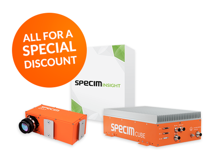 Specim GX17 NIR hyperspectral imaging inline set components including GX17 camera, SpecimINSIGHT and SpecimCUBE with graphic noting all components are available for a special discount