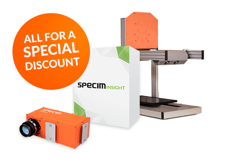 Specim GX17 NIR hyperspectral lab set components including GX17 camera, SpecimINSIGHT and 40 by 20 LabScanner with graphic noting all components are available for a special discount