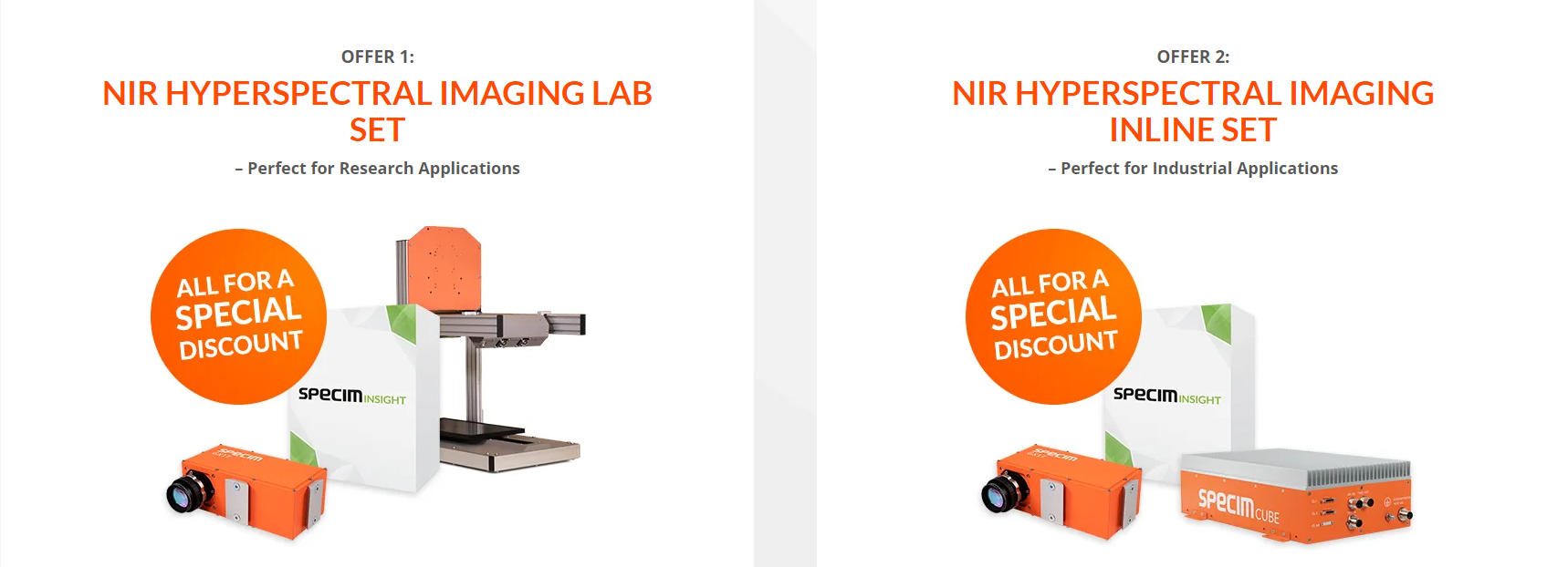 Specim NIR hyperspectral imaging lab set featuring GX17, SpecimINSIGHT and 40 by 20 LabScanner and NIR hyperspectral imaging inline set featuring GX17, SpecimINSIGHT and SpecimCUBE.