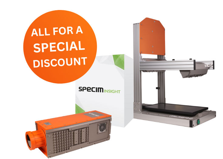 Specim SWIR compact hyperspectral lab set components including SWIR hyperspectral camera, SpecimINSIGHT and 40 by 20 LabScanner with graphic noting all components are available for a special discount