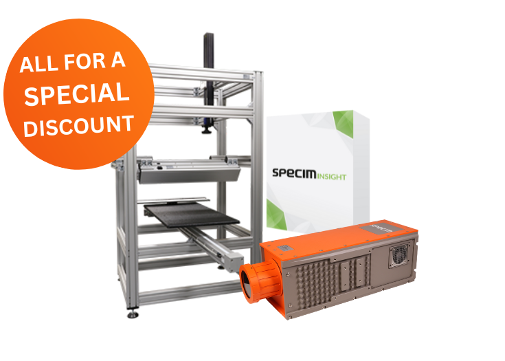 Specim SWIR large-scale hyperspectral lab set components including SWIR hyperspectral camera, SpecimINSIGHT and 100 by 50 LabScanner with graphic noting all components are available for a special discount