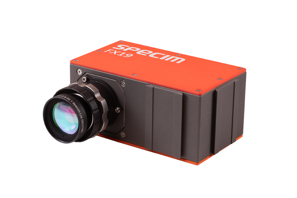 Specim FX19 hyperspectral camera with mounted objective lens front side view