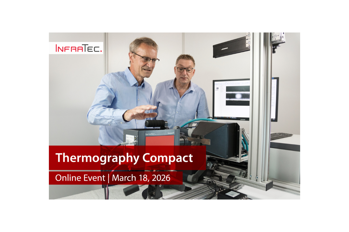 Person demonstrating infrared camera imaging setup to observer, text overlay reads Thermography Compact Online Event March 18, 2026