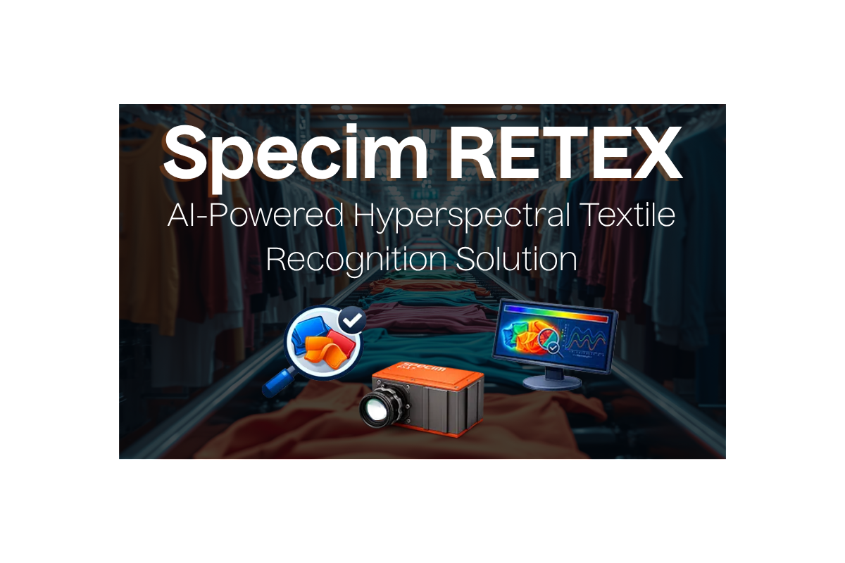 Specim FX camera and AI solution on monitor graphics overlaying background image of textiles moving on conveyor, with Specim RETEX AI-Powered Hyperspectral Textile Recognition Solution text 