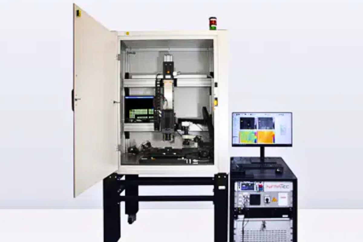 E-Lit system setup in cabinet with monitor showing electronics analysis