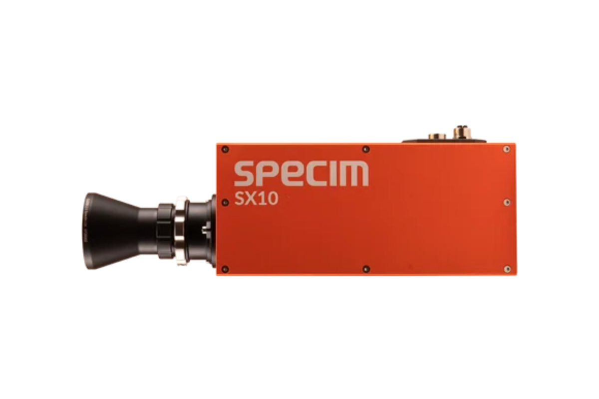 Orange and grey Specim SX10 camera with objective lens side view