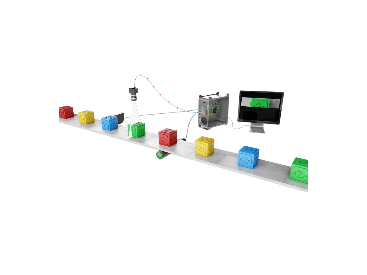 Graphic of products moving on a conveyor with a camera mounted above, connected to a computer and a monitor displaying live data stream