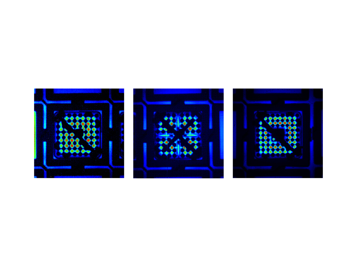 Fuel assemblies in false colour showing cerenkov light emission