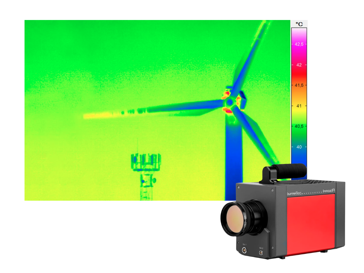 InfraTec ImageIR 8800 camera beside a thermal image of a wind turbine
