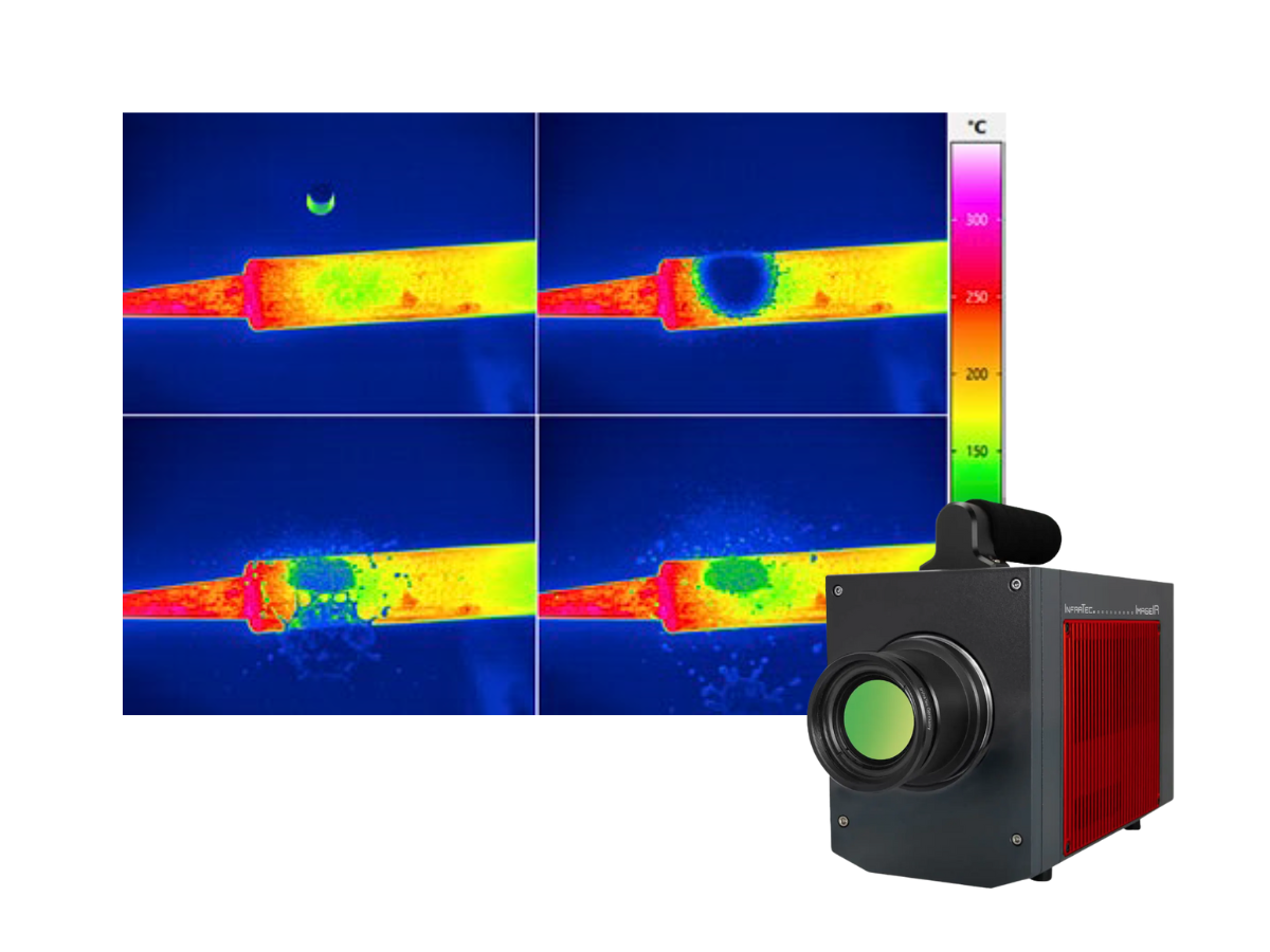 InfraTec ImageIR 9400 hp camera beside thermal image of water drop falling on hot tool