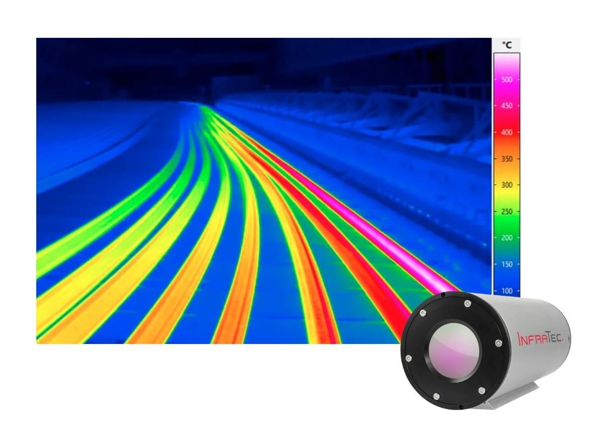 InfraTec PIR uc LWIR 800 camera beside thermal image of lines in an industrial setting