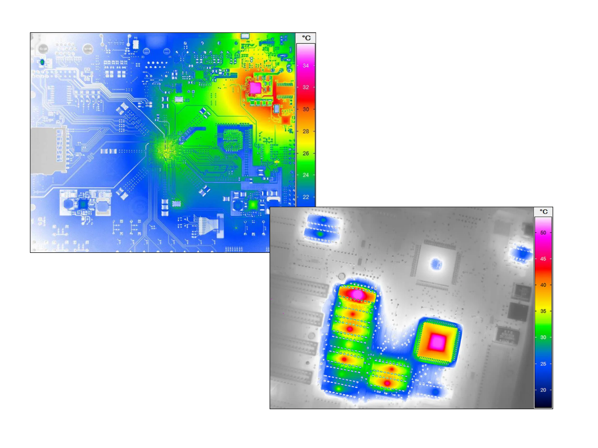 Electronics boards imaged with IR camera showing different temperatures