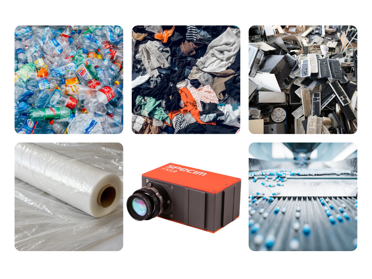 Specim FX19 camera beside images of mixed plastics, mixed textiles, mixed electronics, plastic wrap and pharmaceuticals during production
