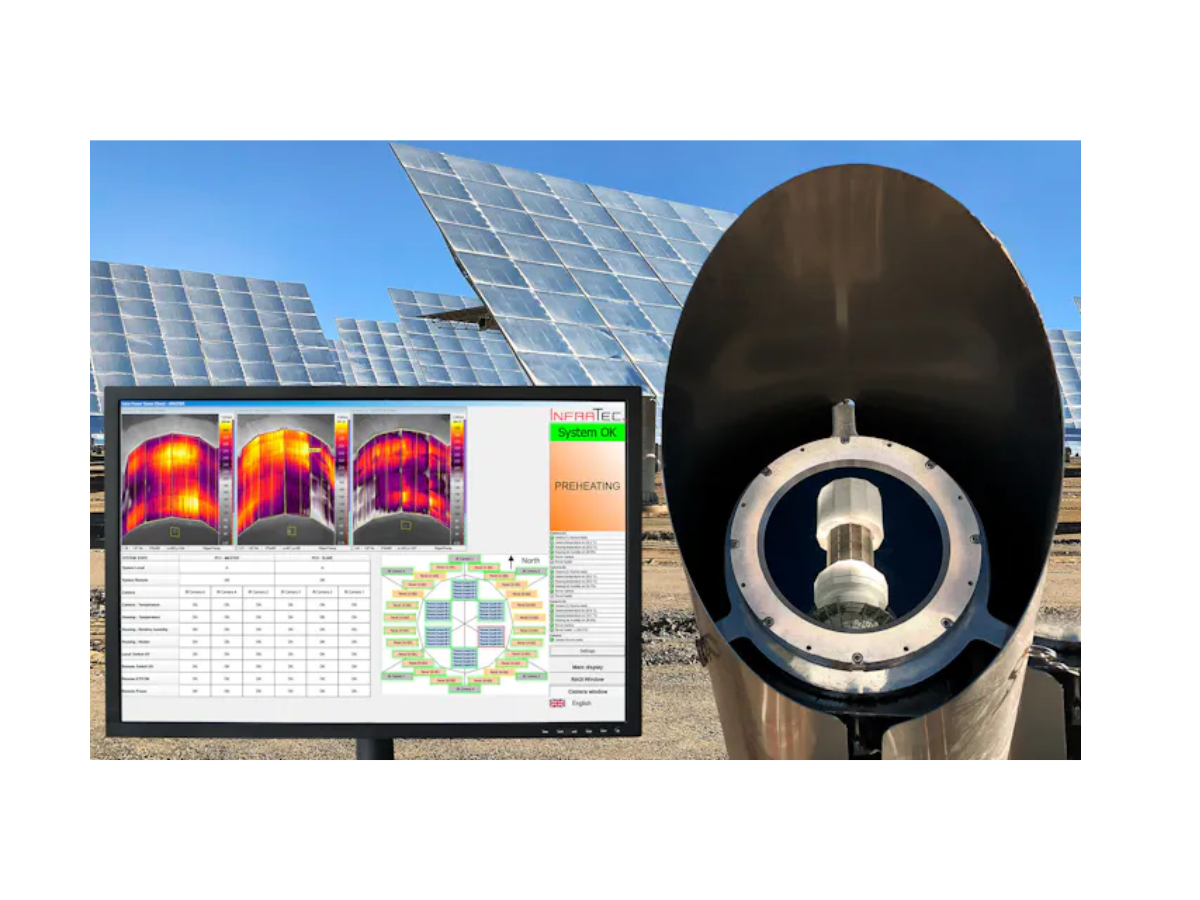 Image of infrared camera within enclosure in front of solar panels with a GUI of thermographic monitoring software
