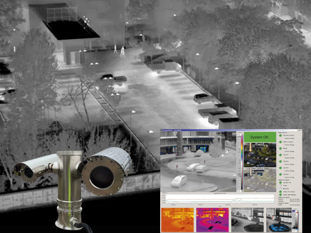 Longwave image of buildings and parking lot showing people and vehicles, with image of InfraTec cameras within protective housing and user interface of IROD software