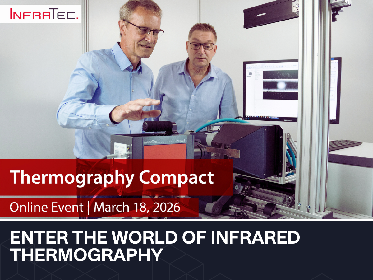 Person demonstrating infrared camera imaging setup to observer, text overlay reads Thermography Compact Online Event March 18, 2026