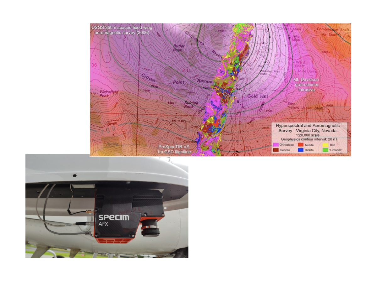 Mineralogical map from hyperspectral imaging, with an image of an AFX camera mounted on an aircraft