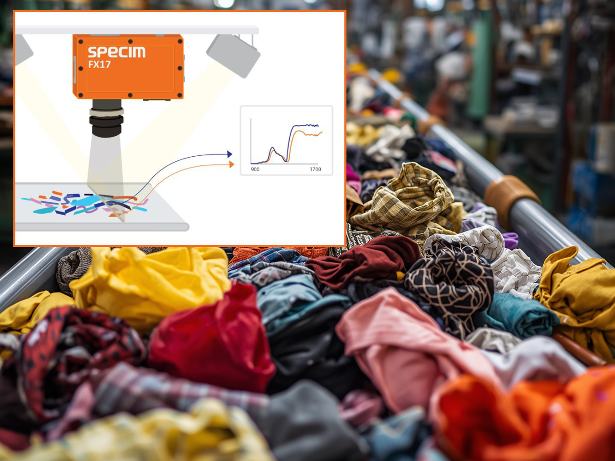 Image showing Specim FX17 mounted above conveyor with illumination imaging pieces of textiles and showing the spectrum, with a background image of various textiles on a conveyor belt