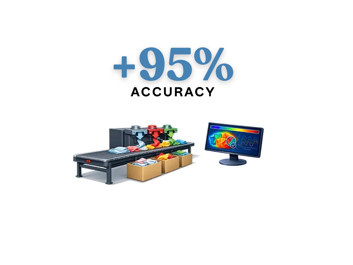 Image of conveyor line sorting different coloured textiles into boxes and a monitor showing hyperspectral data processing, with text that says +95% accuracy
