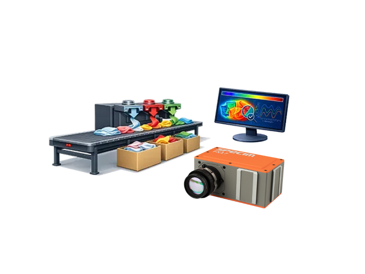 Conveyor with different textiles on it being sorted into different boxes, beside monitor showing analysis of different textiles and image of Specim FX17