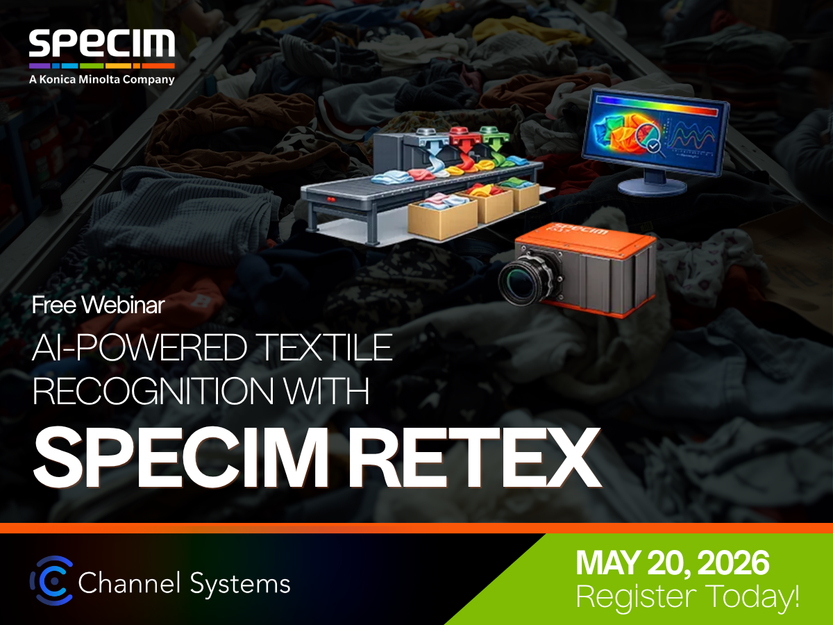textiles on a conveyor belt with graphics of boxes of sorted textiles, specim fx hyperspectral camera and graphic user interface of sorting software.