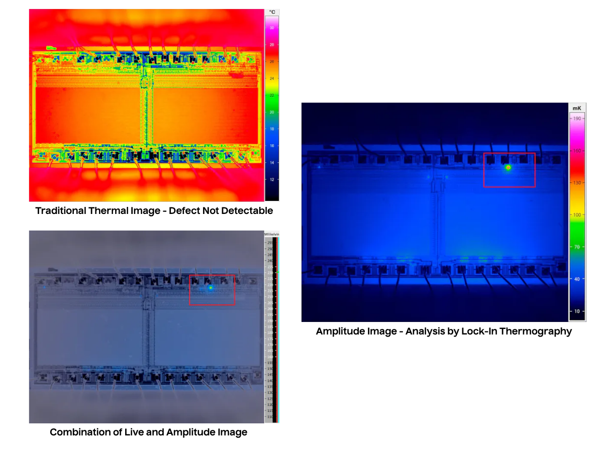 Side by Side comparison of defect in traditional thermal image vs with lock-in thermography