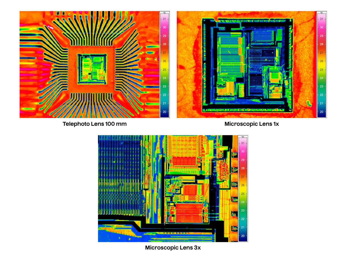 Electronics circuit board imaged with Lock-in Thermography using different lens options for inspection of small components 