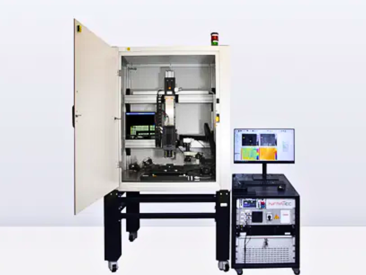 E-Lit system setup in cabinet with monitor showing electronics analysis