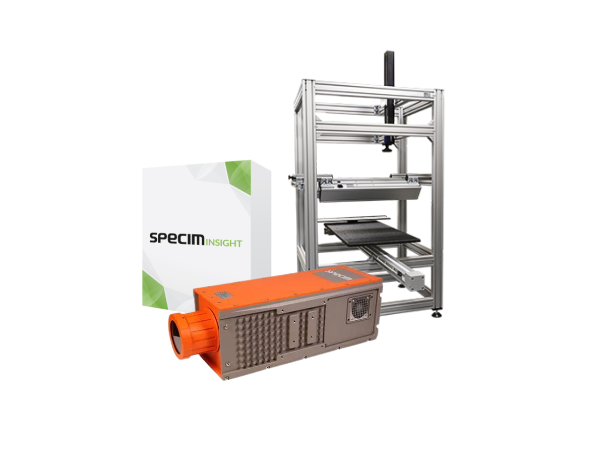 Specim SWIR hyperspectral camera, SpecimINSIGHT product box and LabScanner 100x50 with mounted illumination