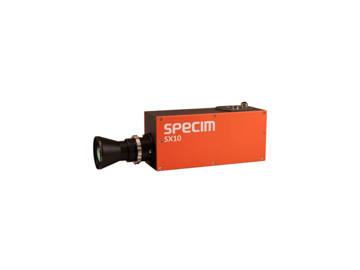 Orange and grey Specim SX10 camera with objective lens side view