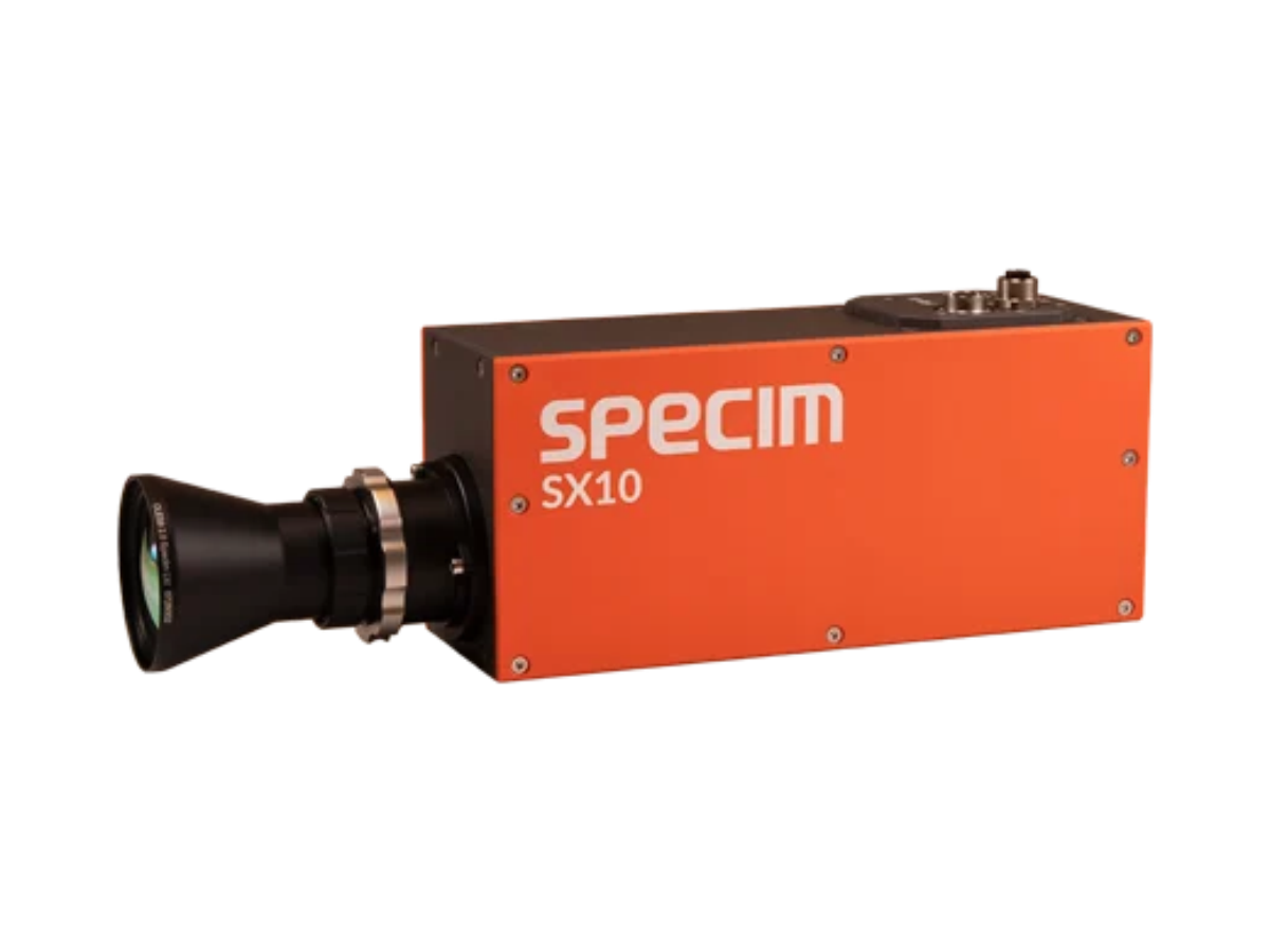 Orange and grey Specim SX10 camera with objective lens side view