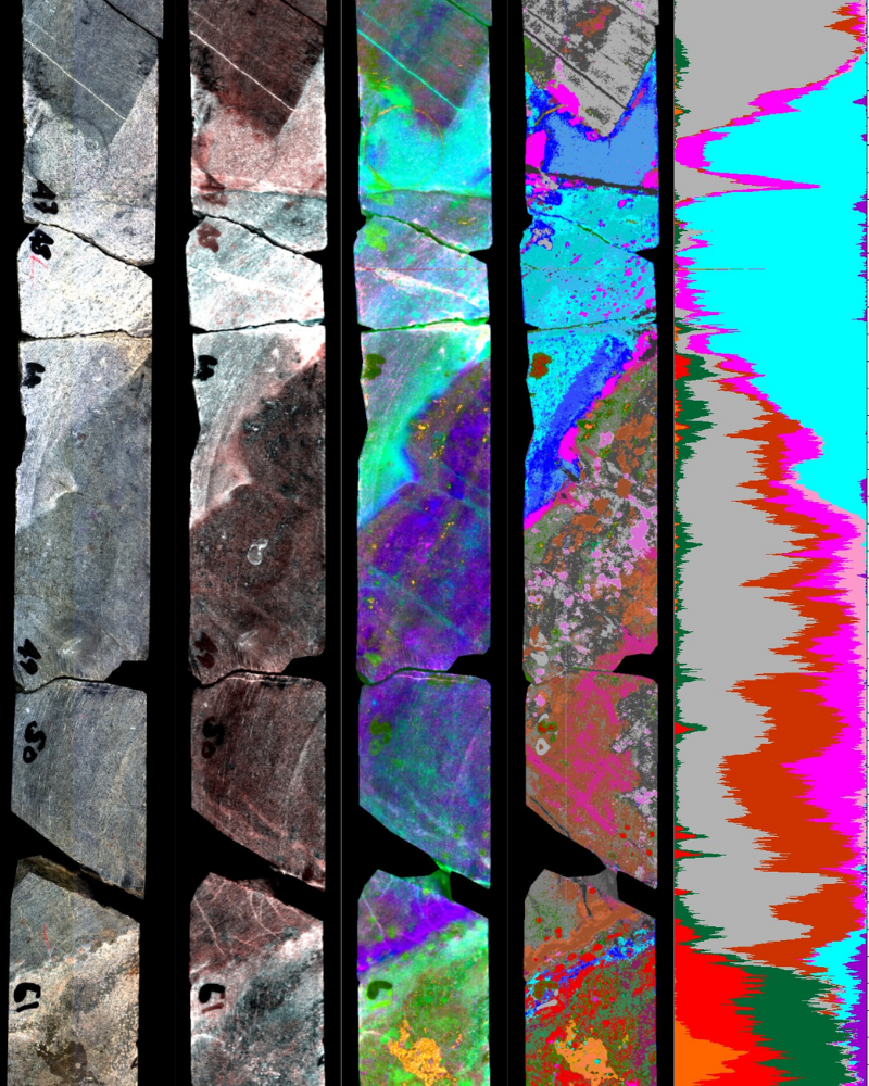 hyperspectral data showing mineral types in several drill core sitting side by side