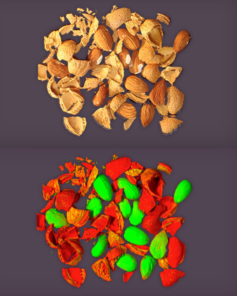 hyperspectral imaging of nuts with shell pieces and RGB image of the same