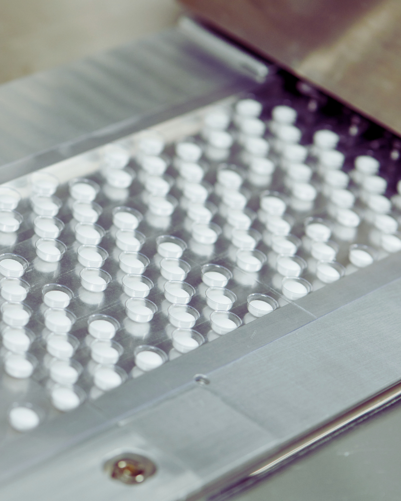 Round pills in blister packs on production line