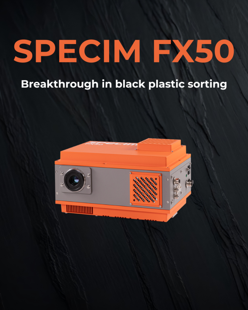 Specim FX50 camera image in front of black textured background with words 'Specim FX50, Breakthrough in Black plastic sorting'