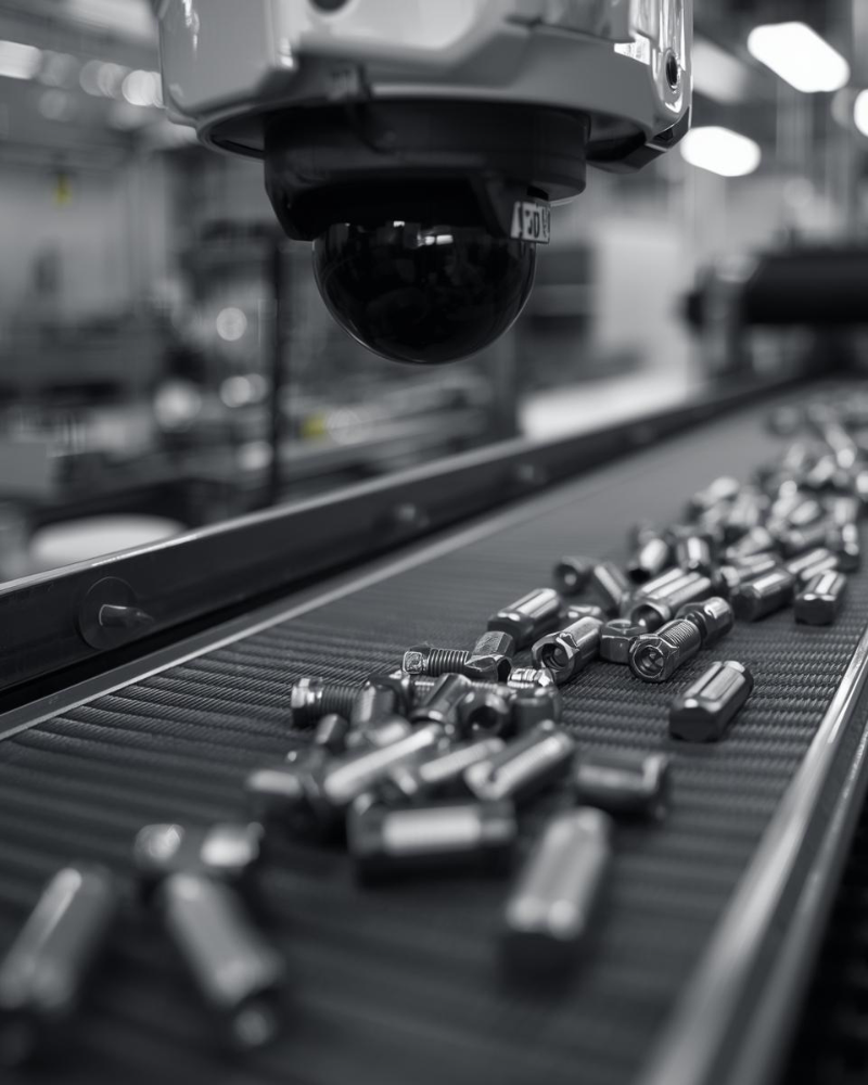 Camera mounted above imaging bolts moving down a conveyor