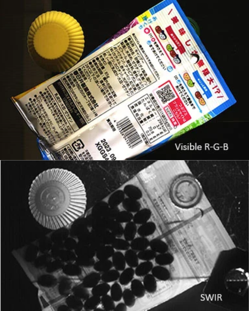 side by side images of product with SWIR and RGB with multispectral camera