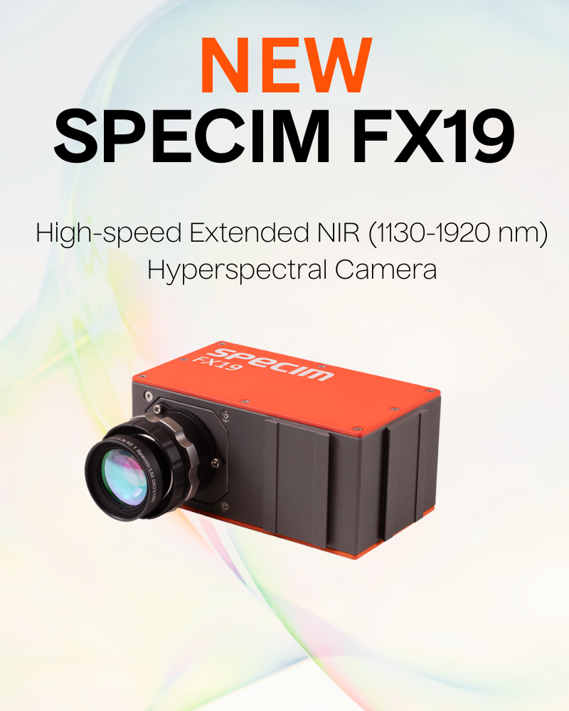 New Specim FX19 High Speed Extended NIR (1130-1920 nm) Hyperspectral Camera with image of FX19 with mounted objective lens