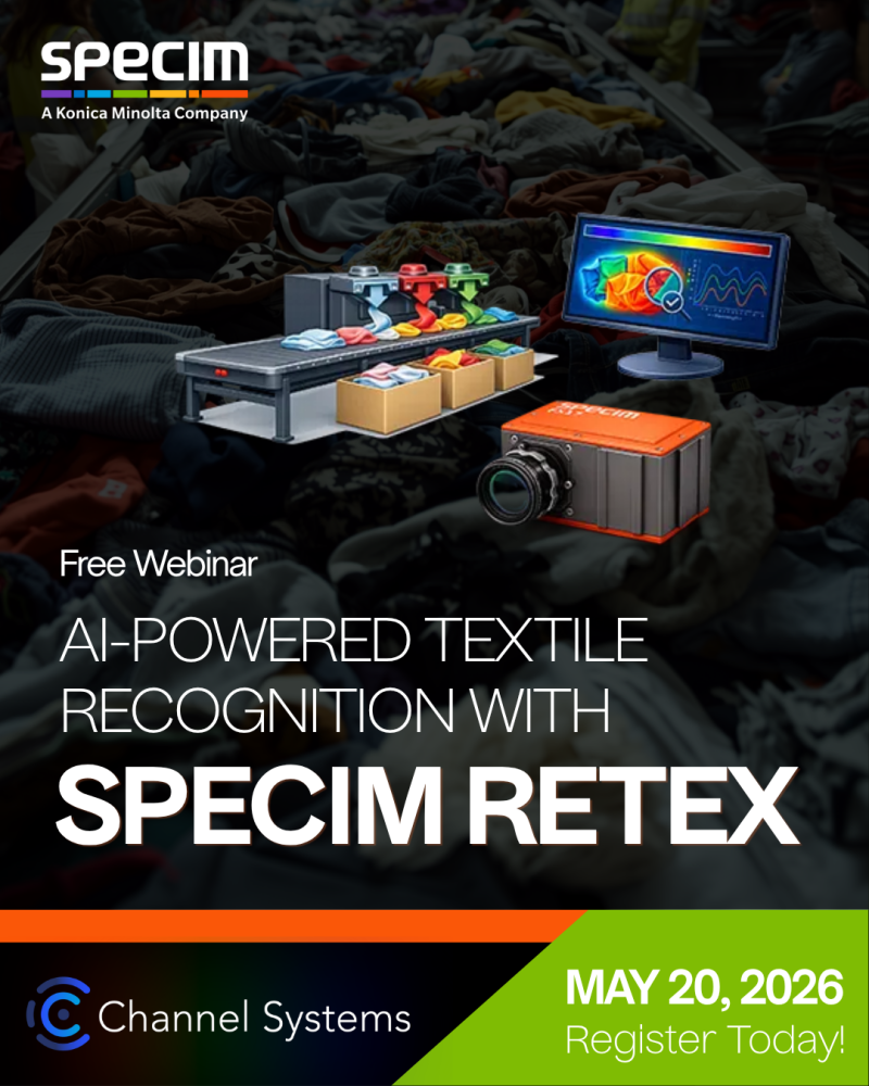 Background image of textiles on a conveyor belt with graphics of textile sorting, specim fx17 camera, and user interface of hyperspectral sorting software