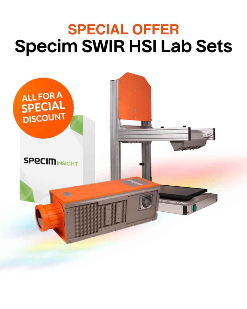 Special Offer: Specim SWIR HSI Lab Sets with Special Discount, image of Specim SWIR camera with lens, SpecimINSIGHT product box and Specim LabScanner 40x20